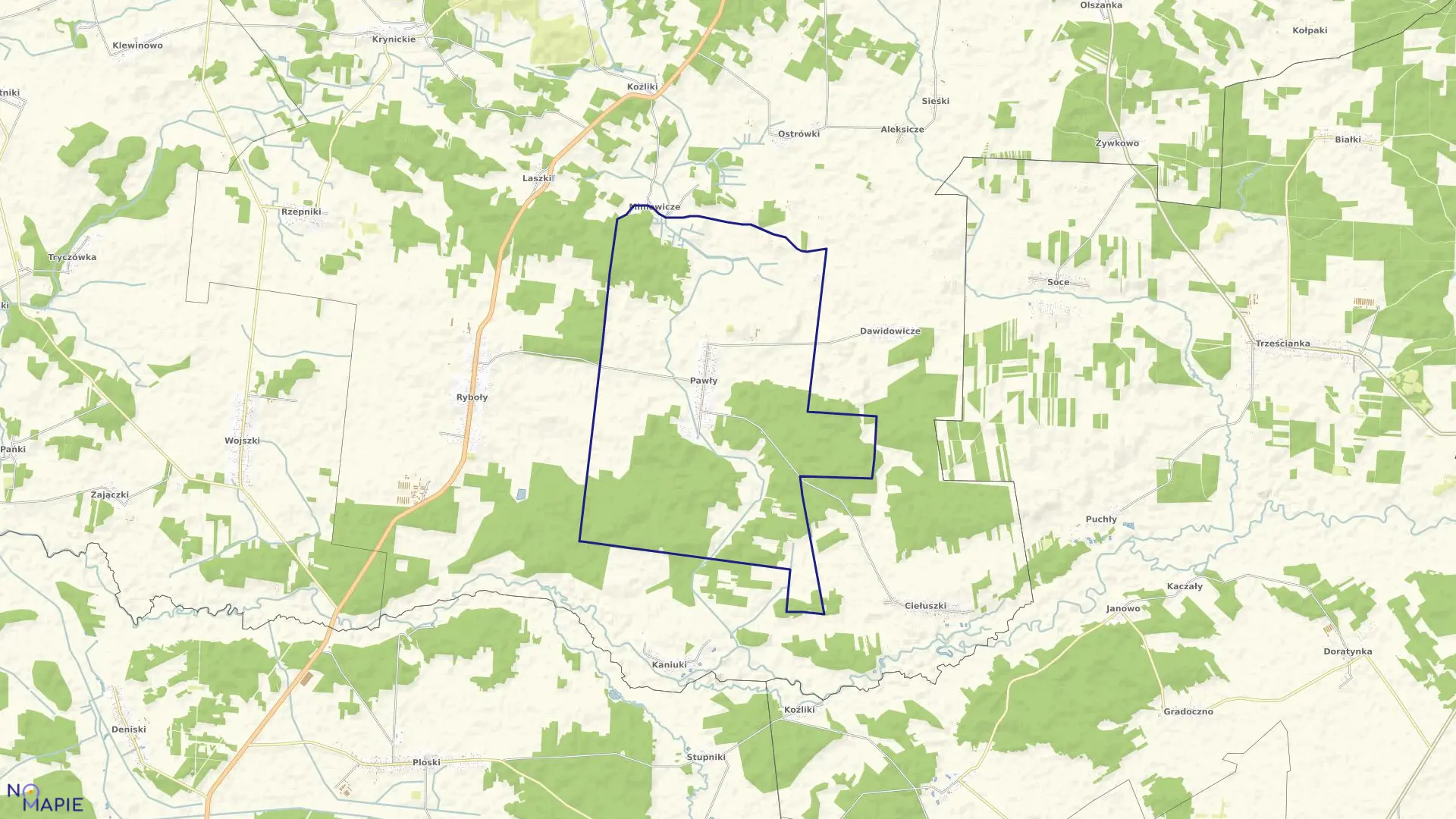 Mapa obrębu PAWŁY w gminie Zabłudów